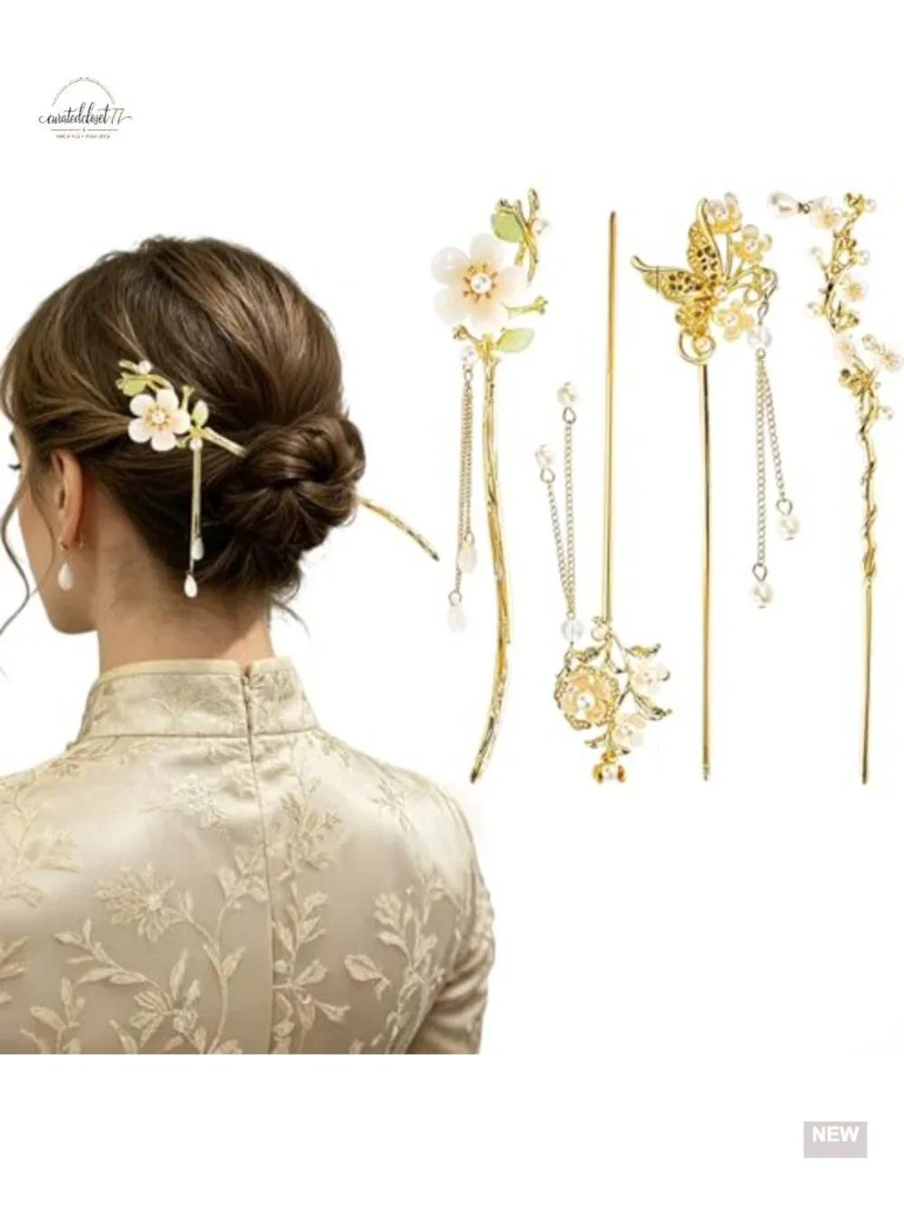 4 Pcs Chinese Hairpin Set Butterfly Floral Tassel Hair Clip Hair Decor